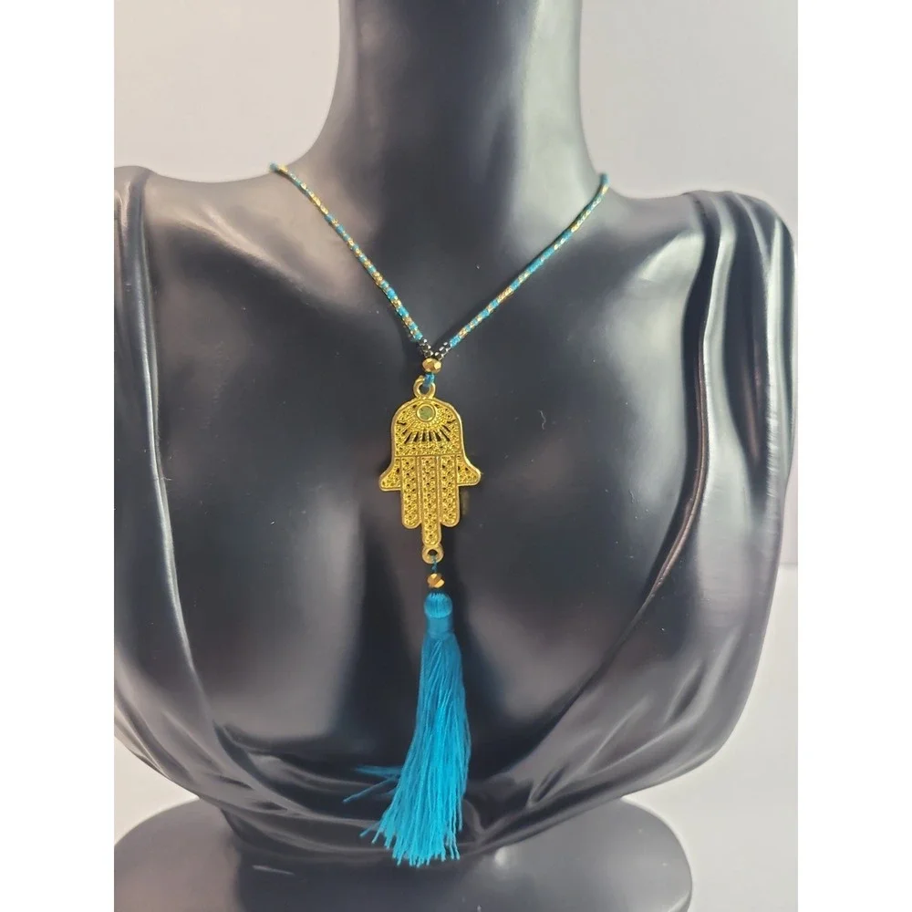 Gold Tone Hamsa Hand Blue Tassel Necklace Beaded Boho Evil Eye Protection